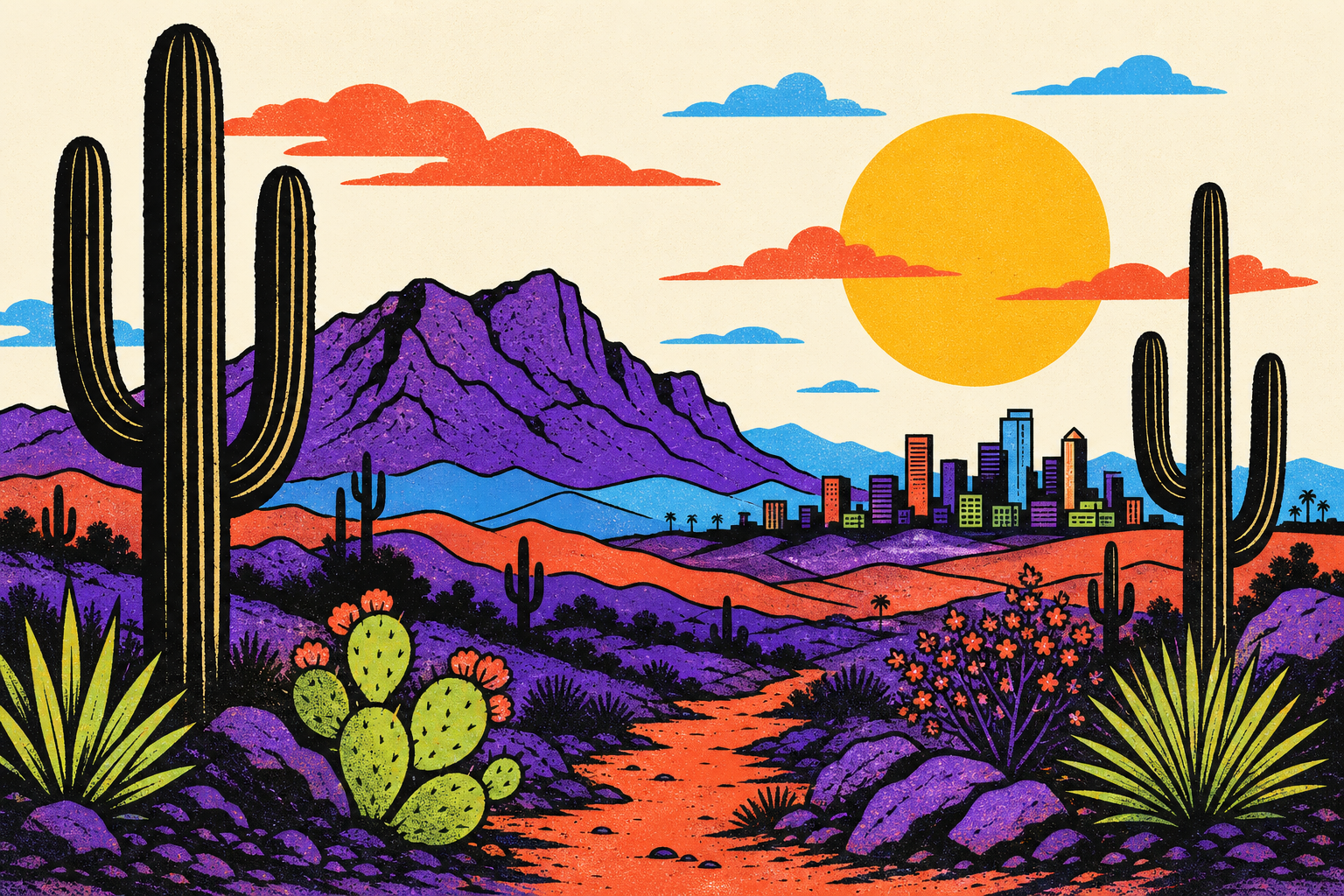 Illustrated Phoenix, Arizona desert at golden hour with saguaro cacti, mountains and the downtown skyline